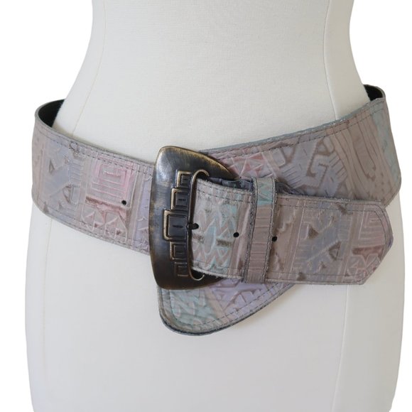 vtg 80s MZ ACCESSORIES Embossed leather wide belt sz L main image 8